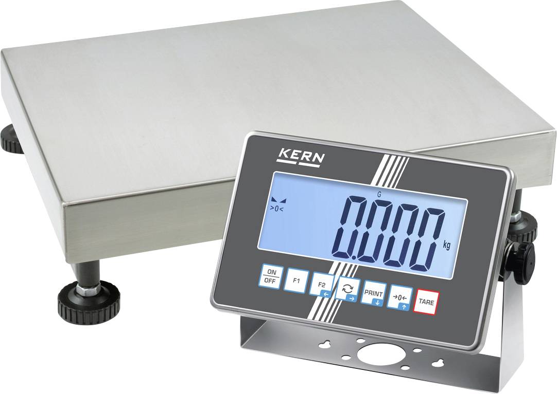 Digitale Plattformwaage mit Edelstahlmessplatte und Display zeigt '0,000 kg'. Verwendet zum genauen Wiegen in Laboren oder industriellen Umgebungen.