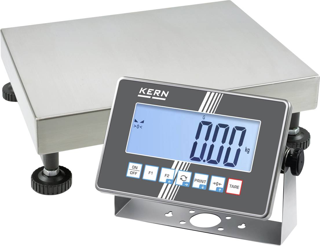 Eine elektronische Waage mit digitalem Display zeigt '0,00 kg'. Die Plattform ist quadratisch mit verstellbaren Füßen.