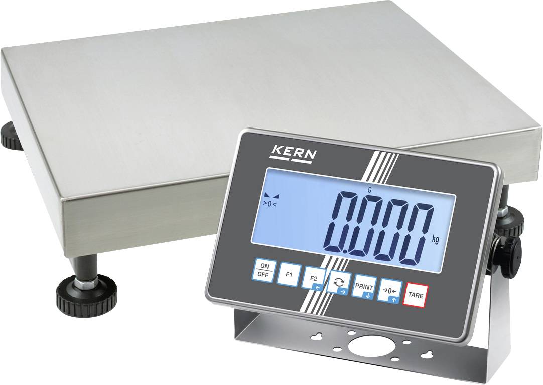 Industrielle Waage mit digitalem Display zeigt '0,000 kg'. Nivellierbare Plattform aus Edelstahl, geeignet für präzise Gewichtsmessungen.