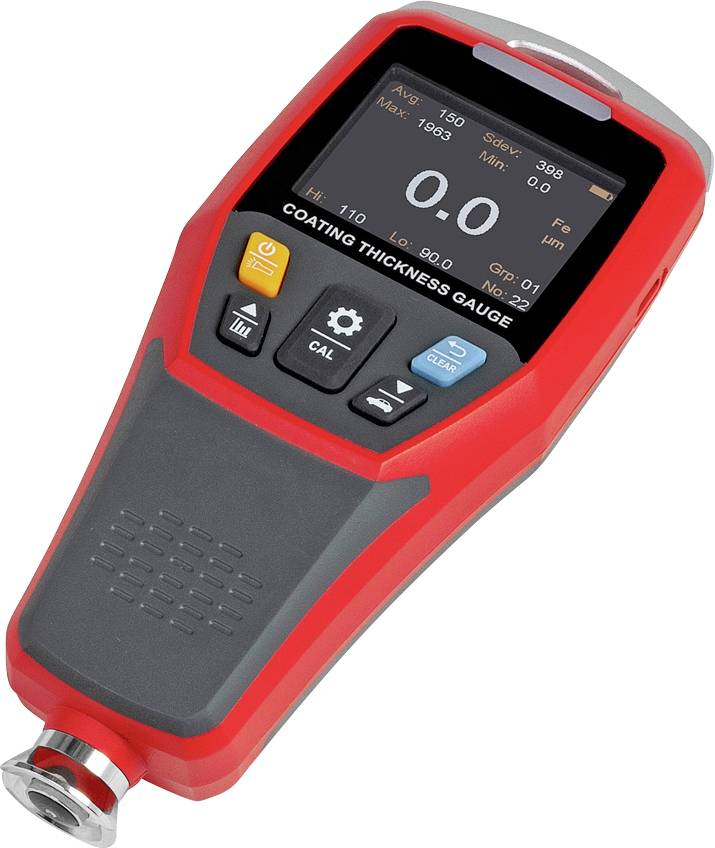 Ein rotes Messgerät zur Bestimmung der Beschichtungsdicke mit digitalem Bildschirm, auf dem Messdaten angezeigt werden.