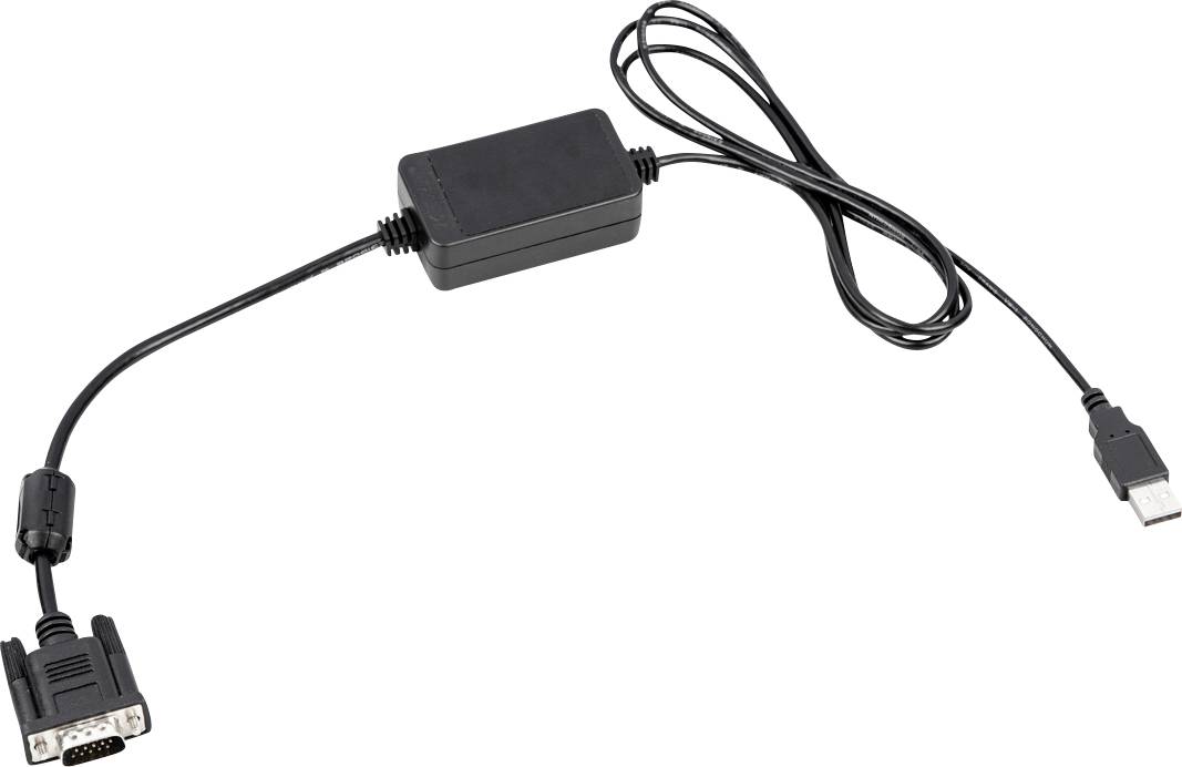 Ein schwarzes Kabeladapter mit einem USB-Stecker auf einer Seite und einem VGA-Stecker auf der anderen, mit einem rechteckigen Gehäuse in der Mitte.