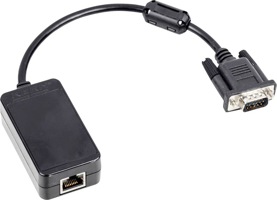 Ein Adapterkabel mit einem VGA-Stecker auf der einen Seite und einem Ethernet-Anschluss auf der anderen, geeignet für Netzwerkverbindungen.