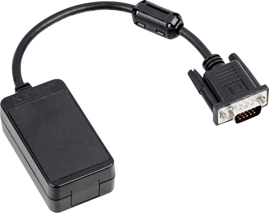 Ein schwarzer Adapter mit einem rechteckigen Gehäuse verbindet über ein Kabel einen VGA-Stecker. Geeignet für Anschluss von Geräten.
