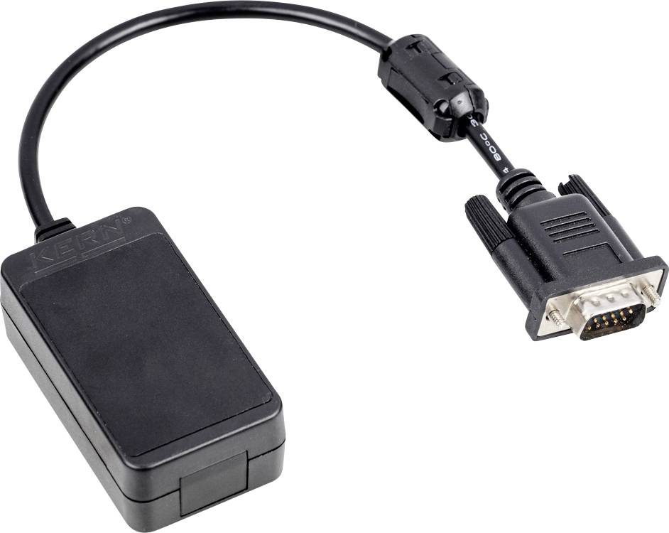 Ein schwarzes Adapterkabel verbindet einen rechteckigen Block mit einem VGA-Stecker, der für den Anschluss an ältere Monitore verwendet wird.