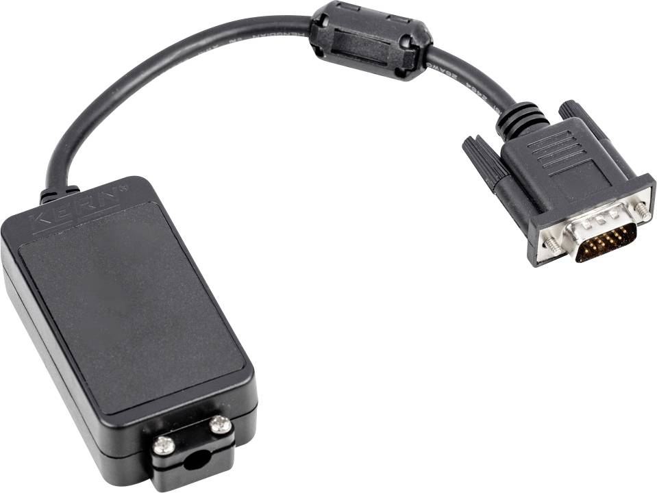 Adapterkabel mit rechteckigem Gehäuse und D-Sub-Stecker, typischerweise für serielle Verbindungen zwischen Geräten verwendet.