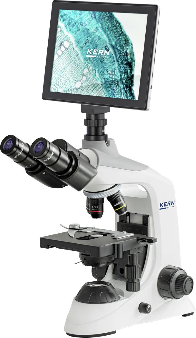 Ein weißes Mikroskop mit zwei Okularen und einem digitalen Display zeigt ein vergrößertes Bild eines blauen Gewebeschnitts.