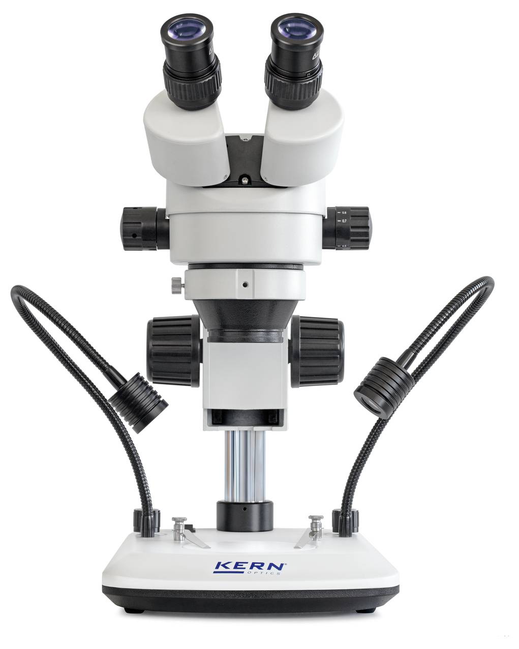 Ein Stereomikroskop mit zwei Okularen und flexiblen Leuchten auf einem stabilen Sockel, geeignet für präzise Laborarbeiten.