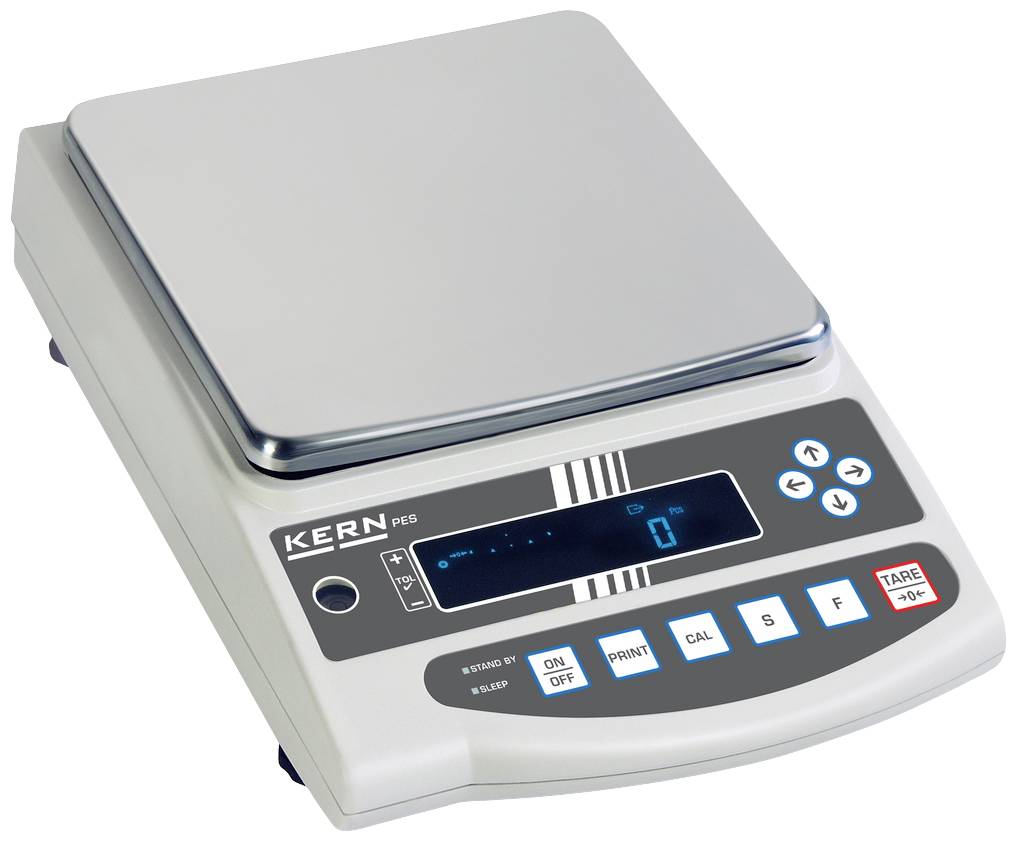 Digitale Präzisionswaage mit Edelstahlplattform und Bedienfeld mit Tasten für Kalibrierung und Tarierung. Gewichtsanzeige zeigt '0'.