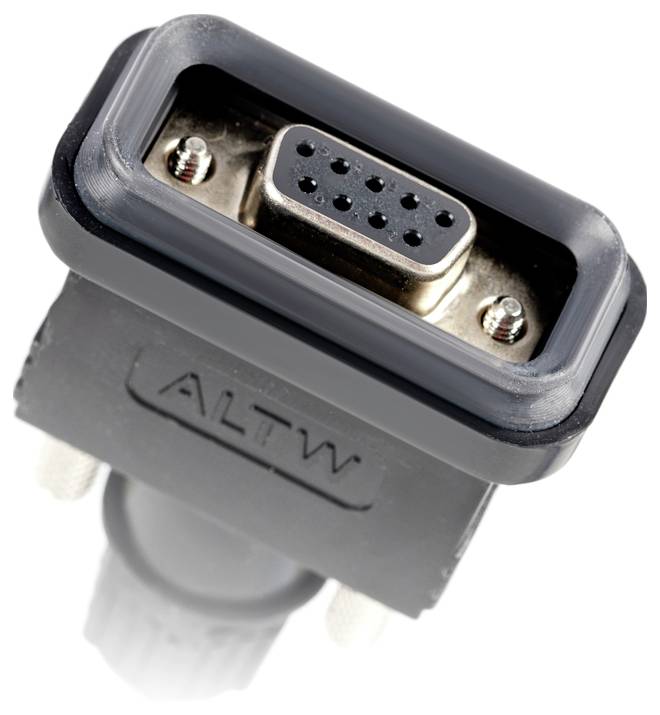 Nahaufnahme eines weiblichen VGA-Anschlusses mit schwarzem Kunststoffgehäuse und acht metallischen Steckverbindern.