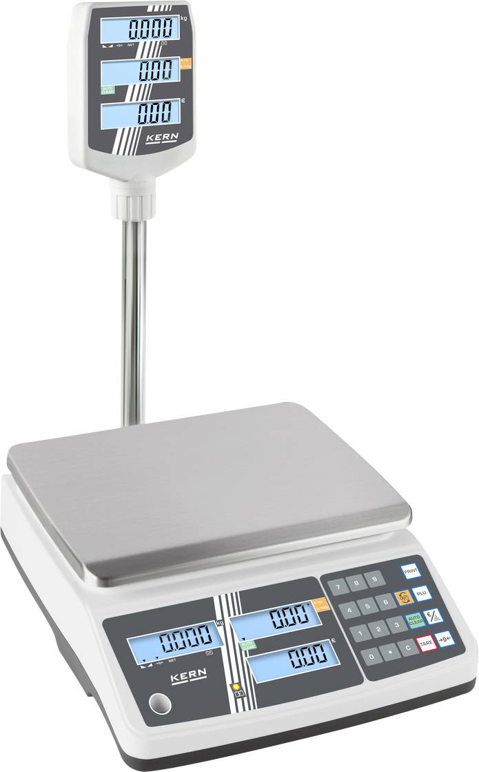 Elektronische Waage mit Display, zeigt drei Nullen in allen Bereichen. Enthält eine Tastatur rechts unten für Eingaben.