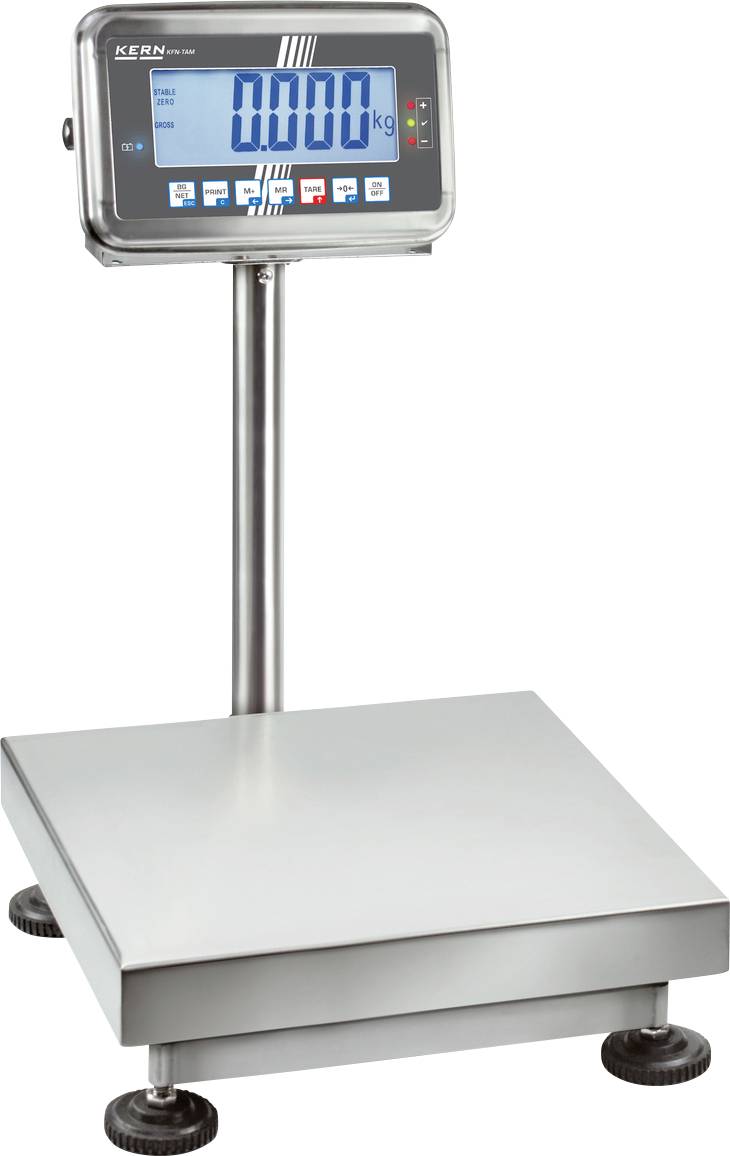 Eine digitale Plattformwaage mit Edelstahlplattform und einer Anzeige für Gewichtsmessungen. Zeigt 0,000 kg an.