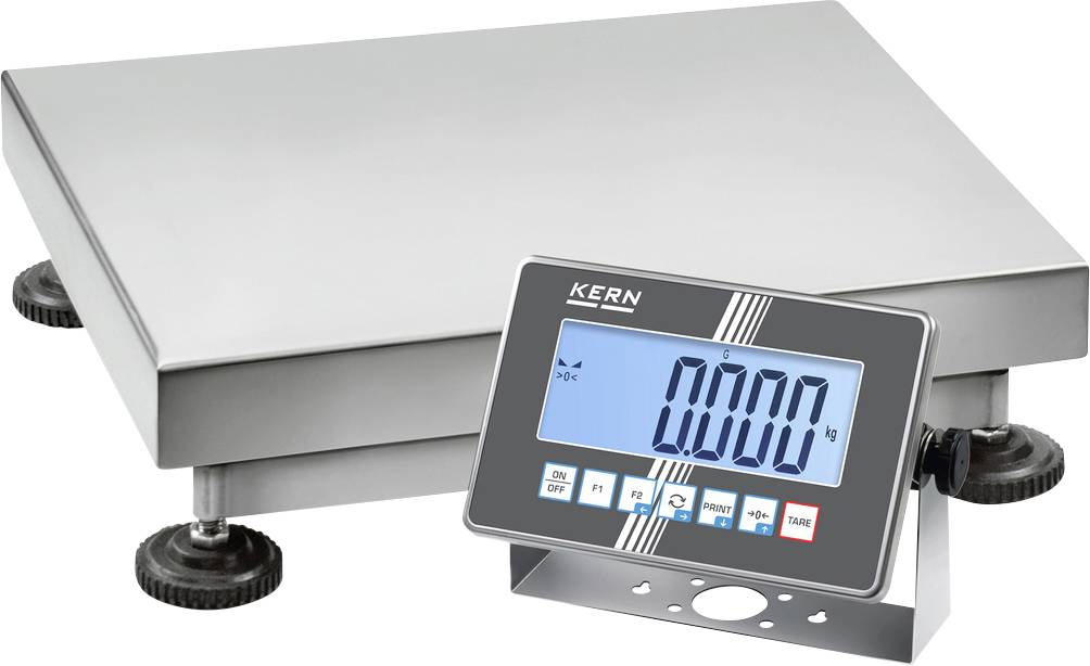 Elektronische Waage mit digitalem Display zeigt '0.000 kg'. Silberne Plattform mit verstellbaren Füßen, geeignet für präzises Wiegen.