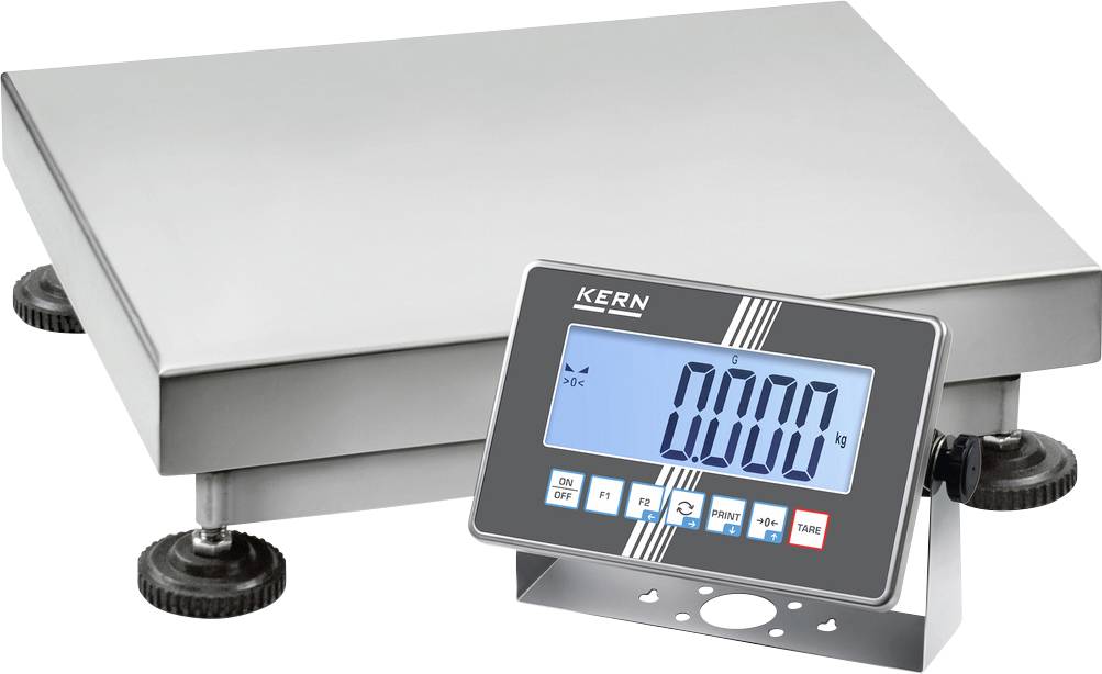 Industriewaage mit digitaler Anzeige zeigt '0,000 kg'. Die Waage ist auf verstellbaren Füßen montiert und aus Edelstahl gefertigt.