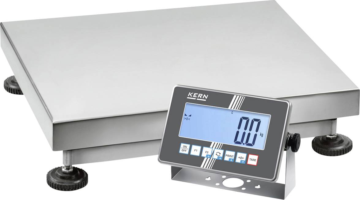 Industrielle Waage mit digitalem Display, zeigt '0,0 kg'. Geeignet für präzises Wiegen großer Objekte in Industrieumgebungen.