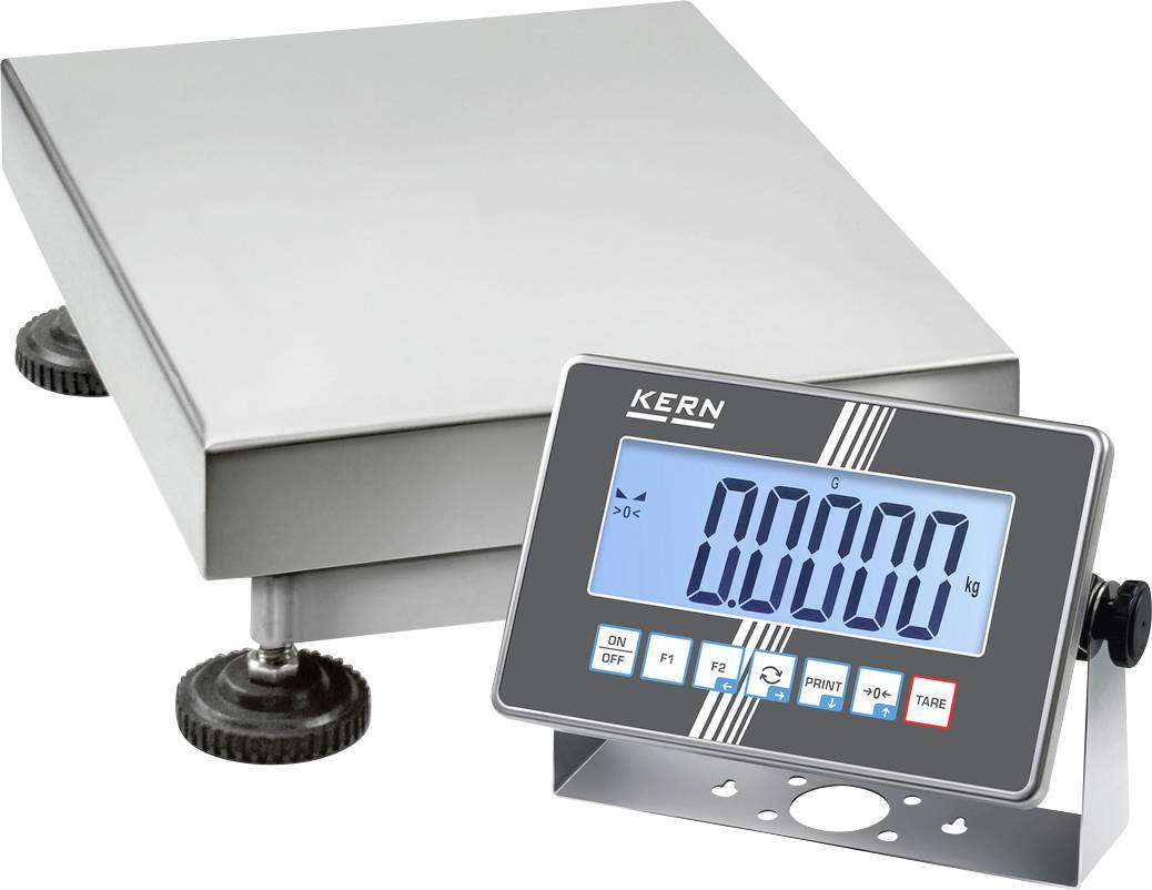 Elektronische Waage mit einem Flachbildschirm, der '0,000 kg' anzeigt. Die Waage hat vier verstellbare Füße für Stabilität.