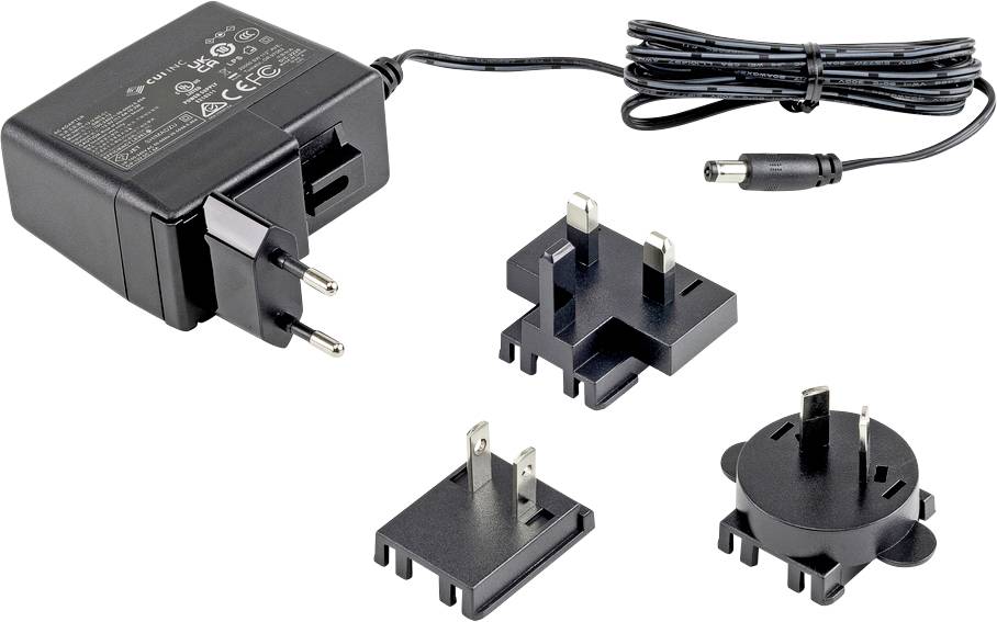 Ein Universal-Netzteil mit austauschbaren Steckern für EU, UK, USA und Australien. Geeignet für elektronische Geräte weltweit.