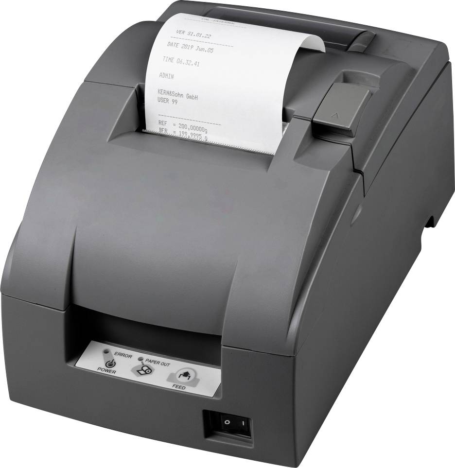 Belegdrucker mit gedrucktem Papier; zeigt Datum, Uhrzeit und Transaktionsdaten. Der Drucker ist in einem Büro oder Geschäftsumfeld.
