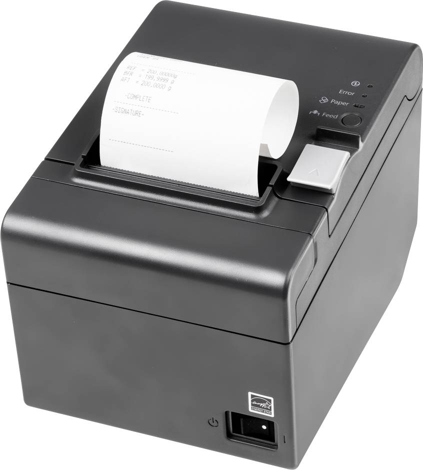 Ein schwarzer Thermodrucker mit ausgedrucktem Beleg oben. Der Drucker hat Knöpfe für Papierausgabe und einen Statusanzeiger.