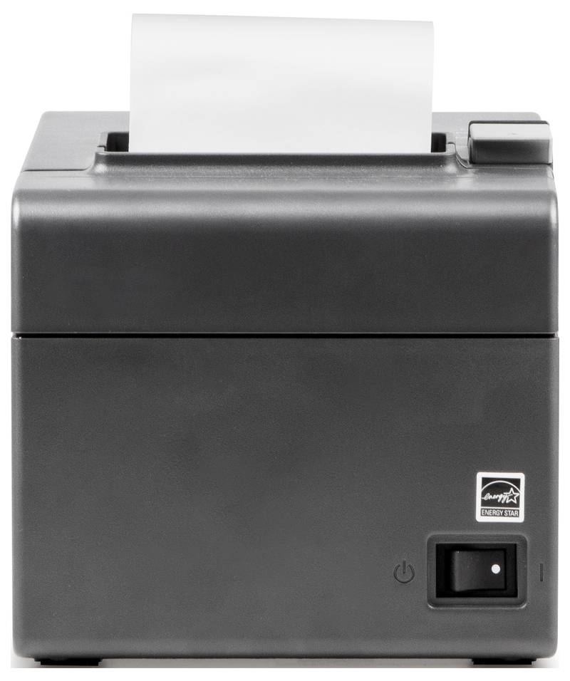 Ein schwarz-grauer Drucker druckt ein Blatt Papier aus. Der Drucker hat rechts einen Ein-/Ausschalter und ein Etikett vorne.
