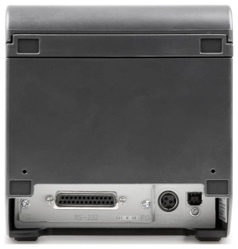 Rückansicht eines elektronischen Geräts mit mehreren Anschlüssen, darunter ein RS-232 und ein runder Stecker, auf einer Metallplatte.