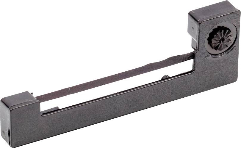 Schwarzes Farbbband in Gehäuse für Matrixdrucker, rechteckige Form mit sichtbarem, gespanntem Band in der Mitte.