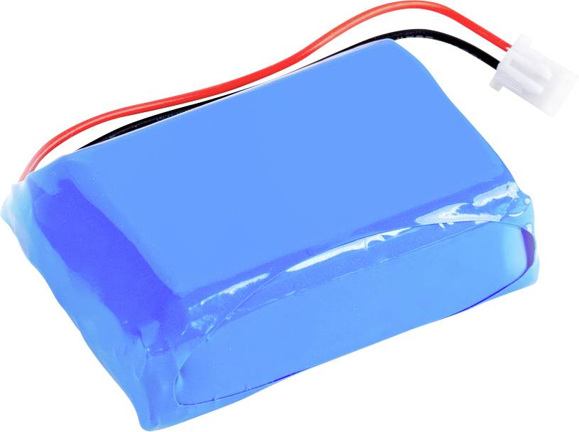 Ein rechteckiger blauer Lithium-Ionen-Akku mit zwei angeschlossenen Kabeln und einem weißen Anschlussstecker.