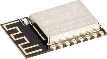 Ein ESP-12F WLAN-Modul mit Metallgehäuse und mehreren Anschlusspunkten auf einer Leiterplatte.