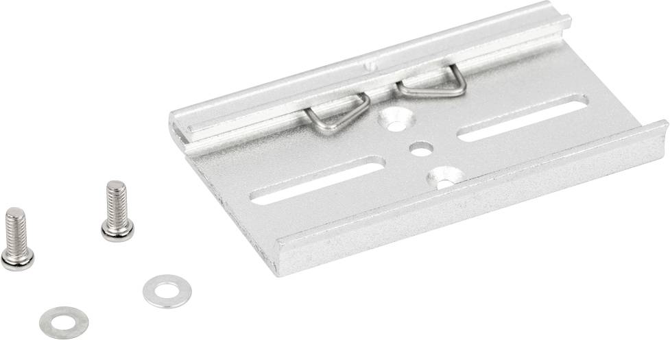 Montageplatte aus Metall mit zwei Schrauben und Unterlegscheiben. Dient zur Befestigung von Geräten an Wand oder Decke.