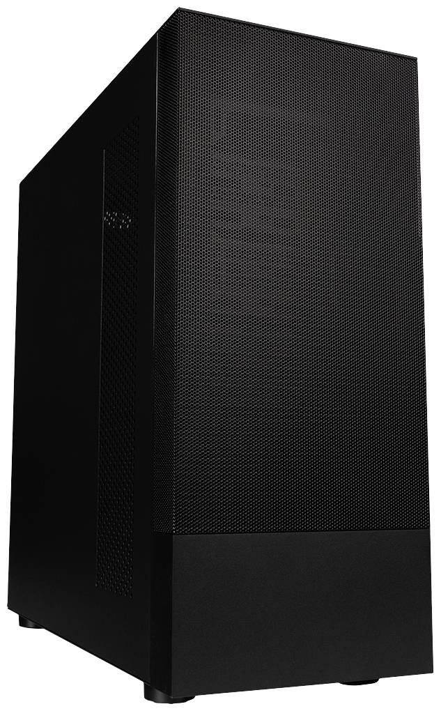 Schwarzes Computergehäuse mit minimalistischem Design und Belüftungsgitter an der Vorderseite, aufrecht stehend.