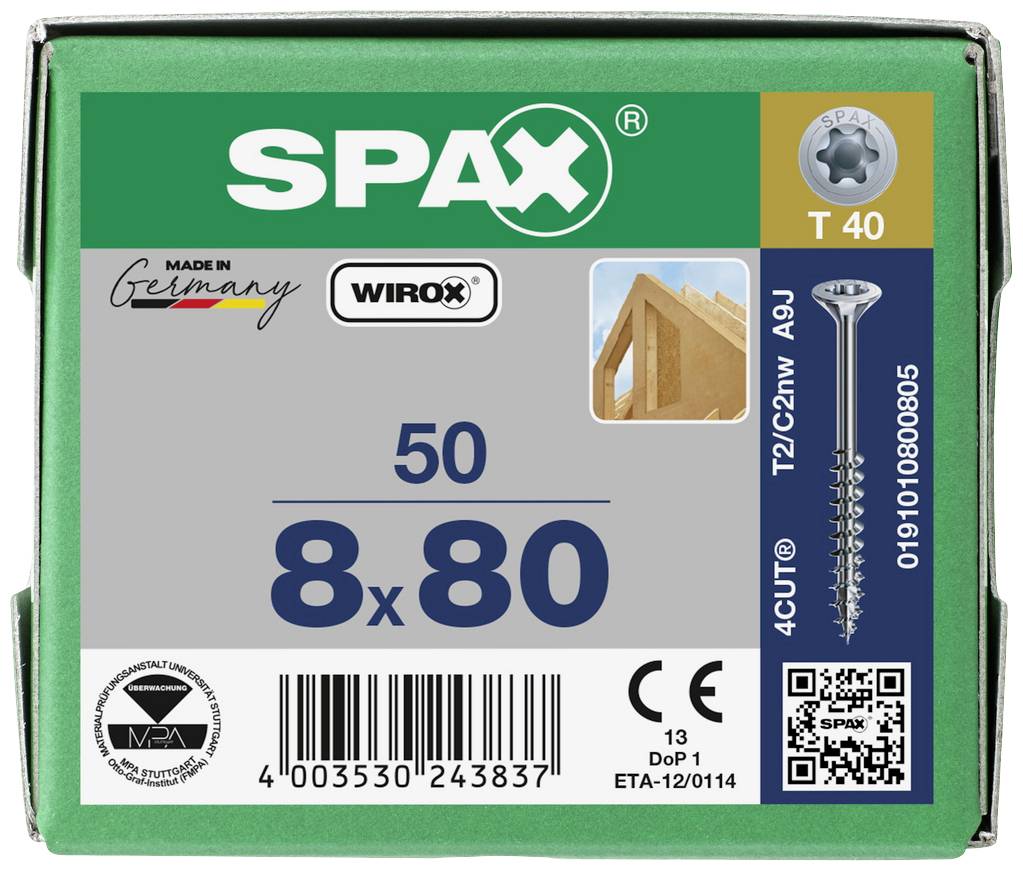 SPAX 0191010800805 Holzschraube 8mm 80mm T-STAR plus Stahl WIROX 50St.