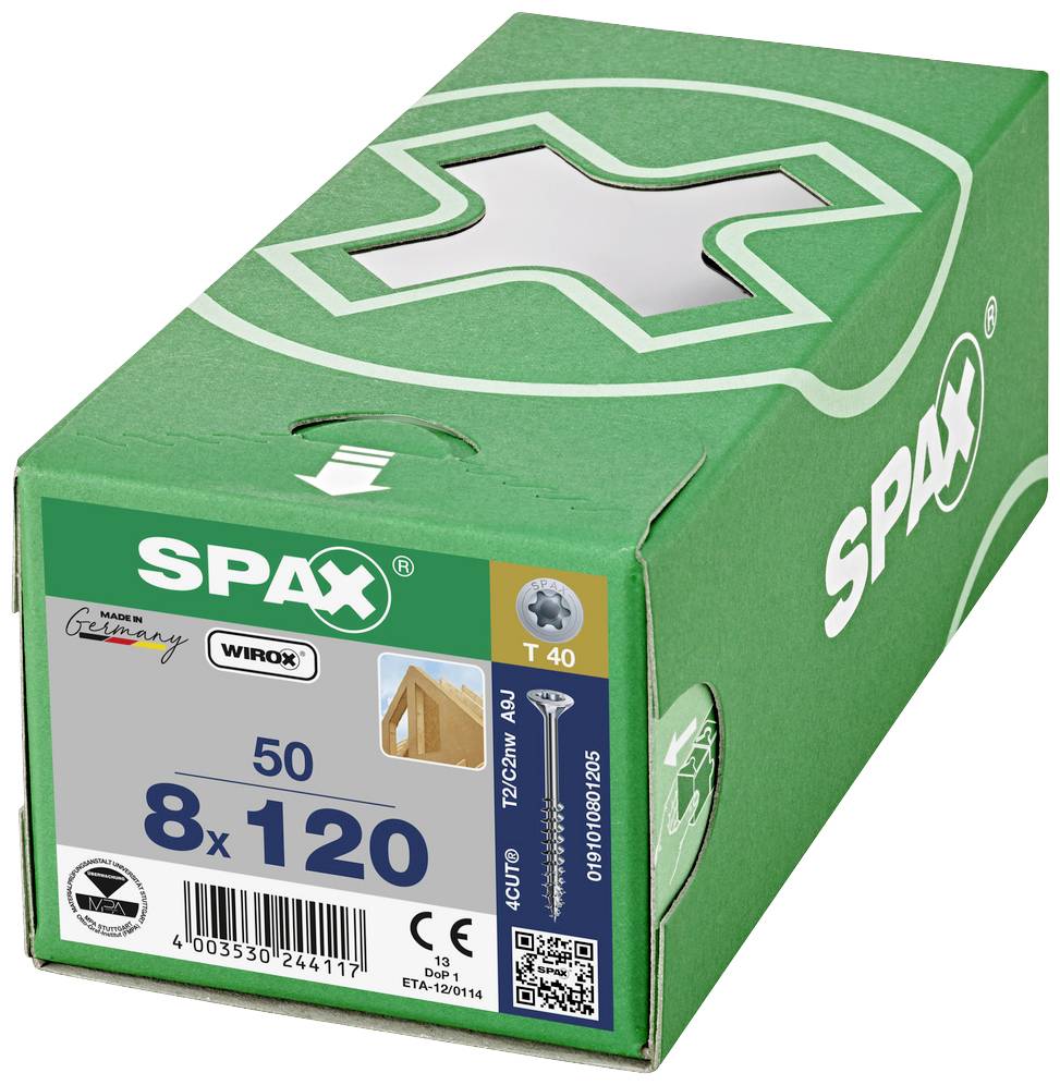 Eine grüne Box mit Spax-Schrauben der Größe 8x120 mm. Die Verpackung zeigt das Logo und die Anzahl von 50 Stück.