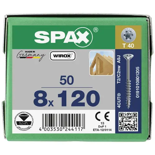 SPAX 0191010801205 Holzschraube 8mm 120mm T-STAR plus Stahl WIROX 50St. SPAX 0191010801205 Holzschraube 8mm 120mm T-STAR plus Stahl WIROX 50St.