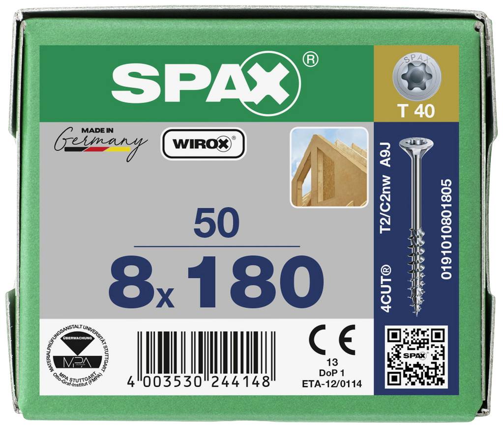 Grünes Paket mit SPAX-Schrauben. Aufschrift: 8 x 180, 50 Stück. Enthält Details zur Produktnummer und QR-Code.