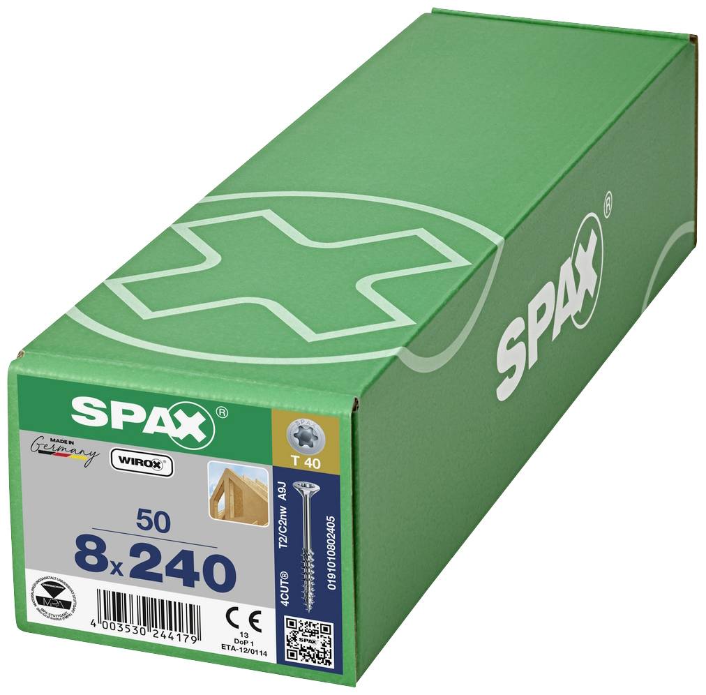 Eine grüne Verpackung von SPAX-Schrauben mit der Bezeichnung '8 x 240'. Enthält 50 Stück. Verwendungszweck: Holzverbindungen.