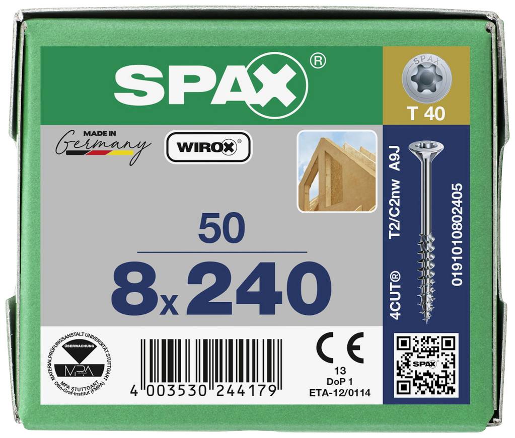 Schachtel für SPAX-Schrauben, 8x240 mm, 50 Stück. Mit 'Made in Germany' Logo, QR-Code und Symbolen zur Produktspezifikation.