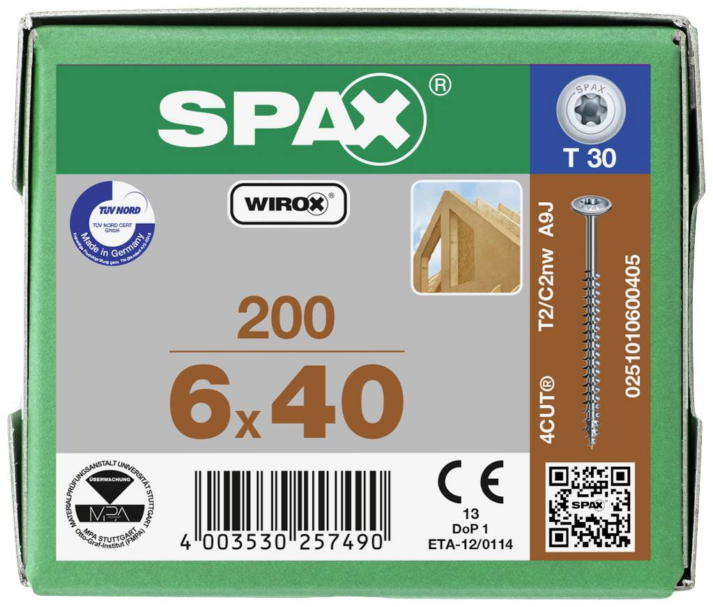 SPAX 0251010600405 Holzschraube 6mm 40mm T-STAR plus Stahl WIROX 200St.