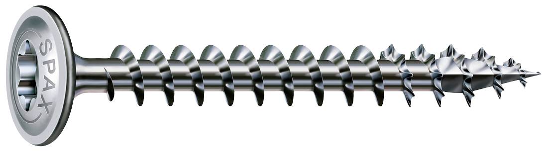 Ein metallischer Spax-Schraube mit einem Flachkopf und einem groben Gewinde, das für Holzverbindungen geeignet ist.