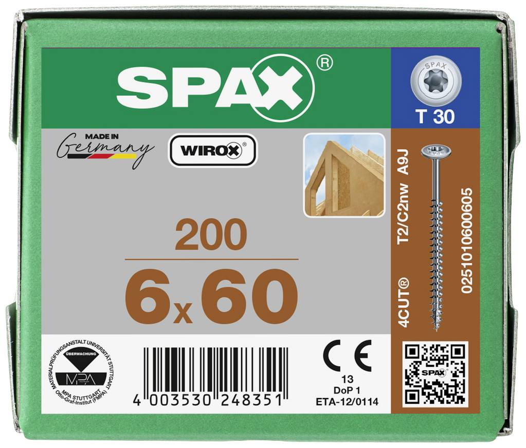 SPAX 0251010600605 Holzschraube 6mm 60mm T-STAR plus Stahl WIROX 200St.