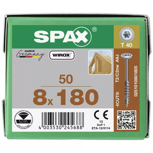 SPAX 0251010801805 Holzschraube 8mm 180mm T-STAR plus Stahl WIROX 50St. SPAX 0251010801805 Holzschraube 8mm 180mm T-STAR plus Stahl WIROX 50St.