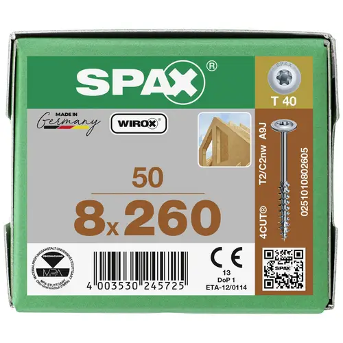 SPAX 0251010802605 Holzschraube 8mm 260mm T-STAR plus Stahl WIROX 50St. SPAX 0251010802605 Holzschraube 8mm 260mm T-STAR plus Stahl WIROX 50St.