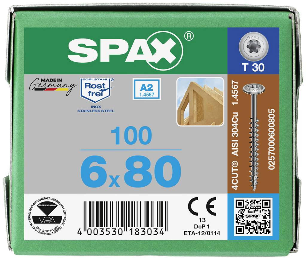 SPAX 0257000600805 Holzschraube 6mm 80mm T-STAR plus Edelstahl A2 100St.