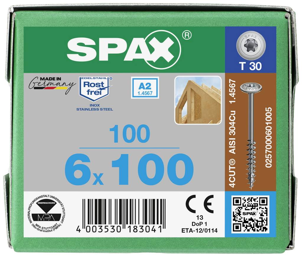 SPAX 0257000601005 Holzschraube 6mm 100mm T-STAR plus Edelstahl A2 100St.