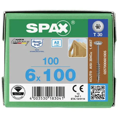 SPAX 0257000601005 Holzschraube 6mm 100mm T-STAR plus Edelstahl A2 100St. SPAX 0257000601005 Holzschraube 6mm 100mm T-STAR plus Edelstahl A2 100St.