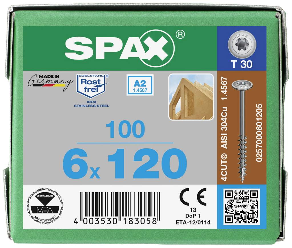 SPAX 0257000601205 Holzschraube 6mm 120mm T-STAR plus Edelstahl A2 100St.