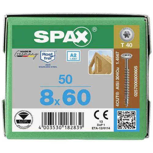 SPAX 0257000800605 Holzschraube 8mm 60mm T-STAR plus Edelstahl A2 50St. SPAX 0257000800605 Holzschraube 8mm 60mm T-STAR plus Edelstahl A2 50St.