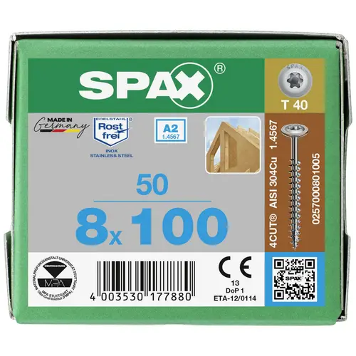 SPAX 0257000801005 Holzschraube 8 mm 100 mm T-STAR plus Edelstahl A2 50 St. SPAX 0257000801005 Holzschraube 8 mm 100 mm T-STAR plus Edelstahl A2 50 St.