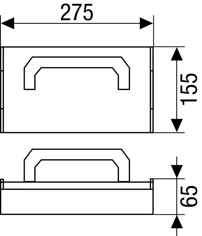 Technische Zeichnung eines rechteckigen Objekts mit Griff, Maße: 275 mm Breite, 155 mm Höhe, 65 mm Tiefe, Seiten- und Vorderansicht.
