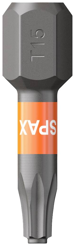 Torx-Bit mit der Aufschrift 'T15', markiert mit einem orangefarbenen Band und dem Schriftzug 'SPAX'.