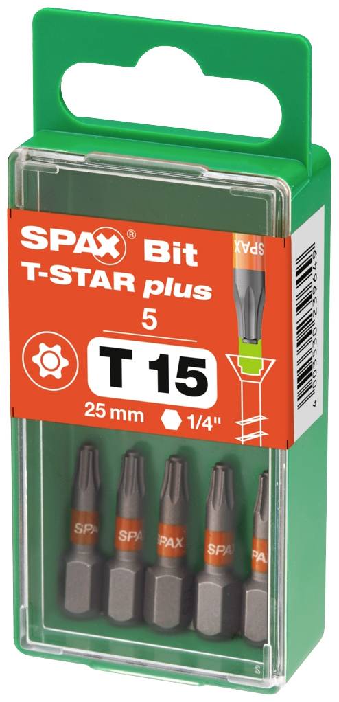 'SPAX Bit T-STAR plus', Verpackung mit 5 Bits, Größe T15, 25 mm Länge, passend für 1/4