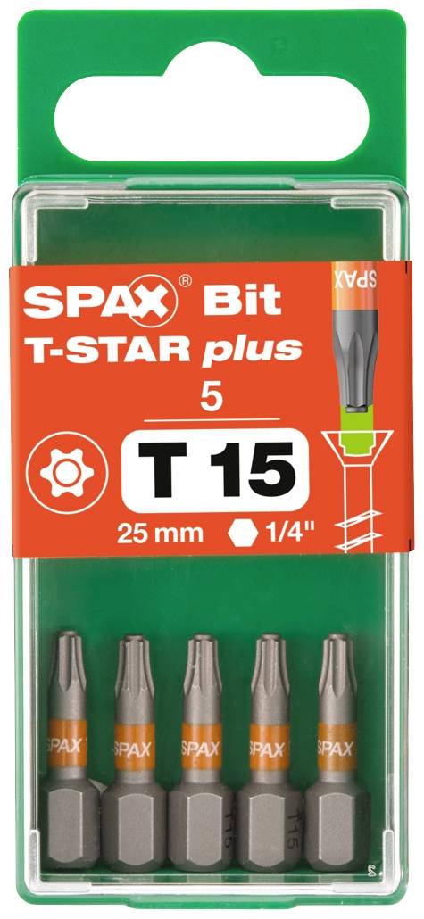 'SPAX Bit T-STAR plus, Größe T15, 25 mm, 1/4 Zoll'. Fünf Bits in einer grünen Plastikverpackung.